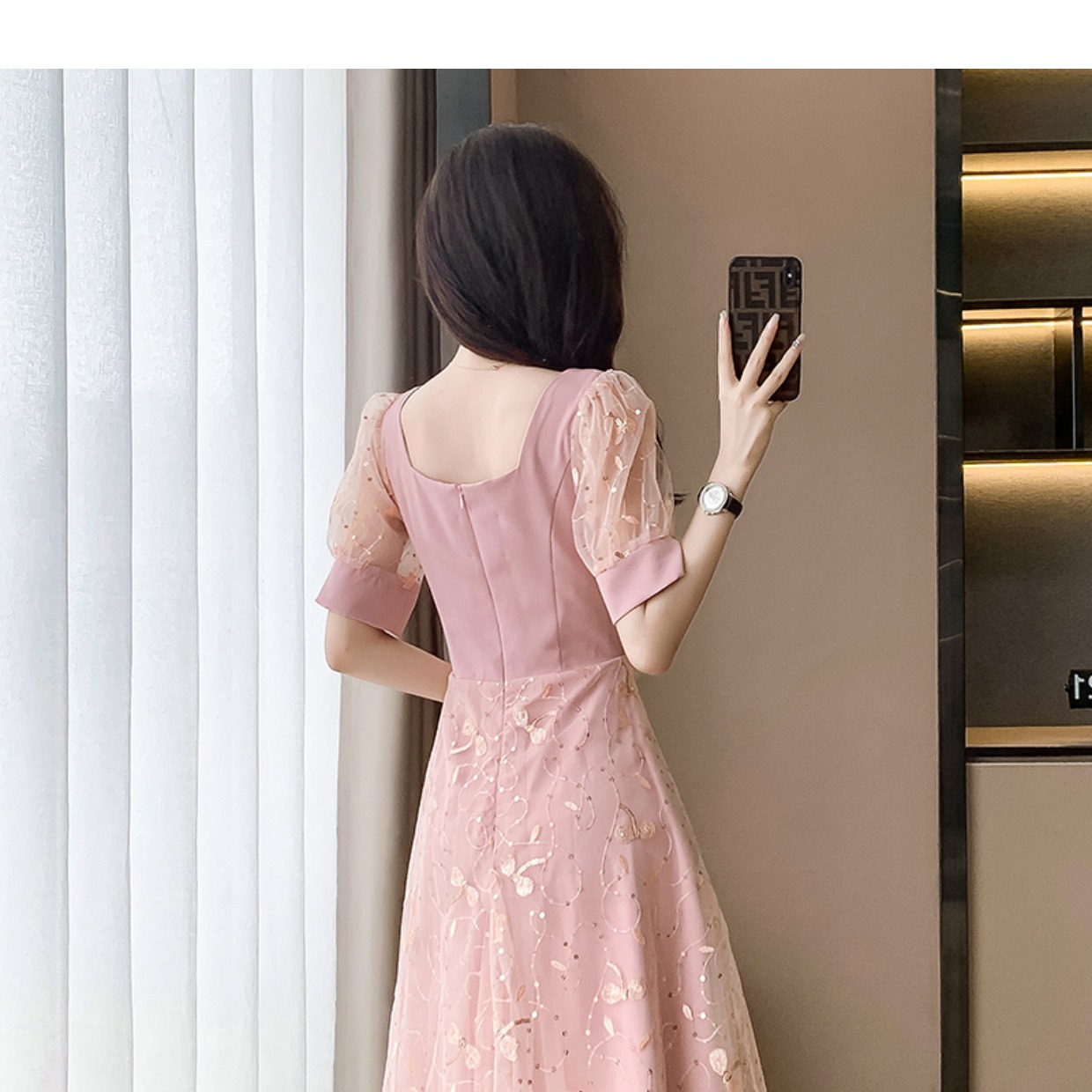 オケージョン ドレス パフスリーブ花柄刺繍チュール切替ワンピース