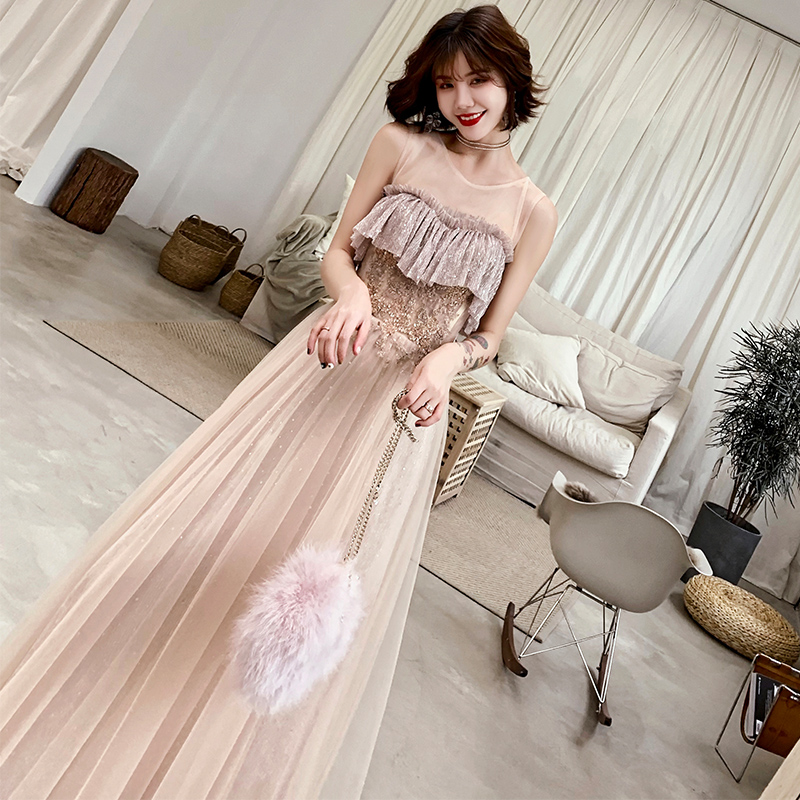 オケージョン ドレス 星屑きらめく胸元フリルチュールロングドレス