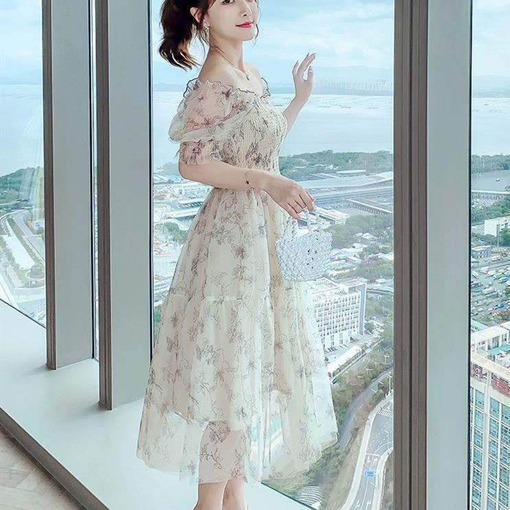 オケージョン ドレス 花柄シフォン パーティーワンピース 結婚式 フレア 半袖
