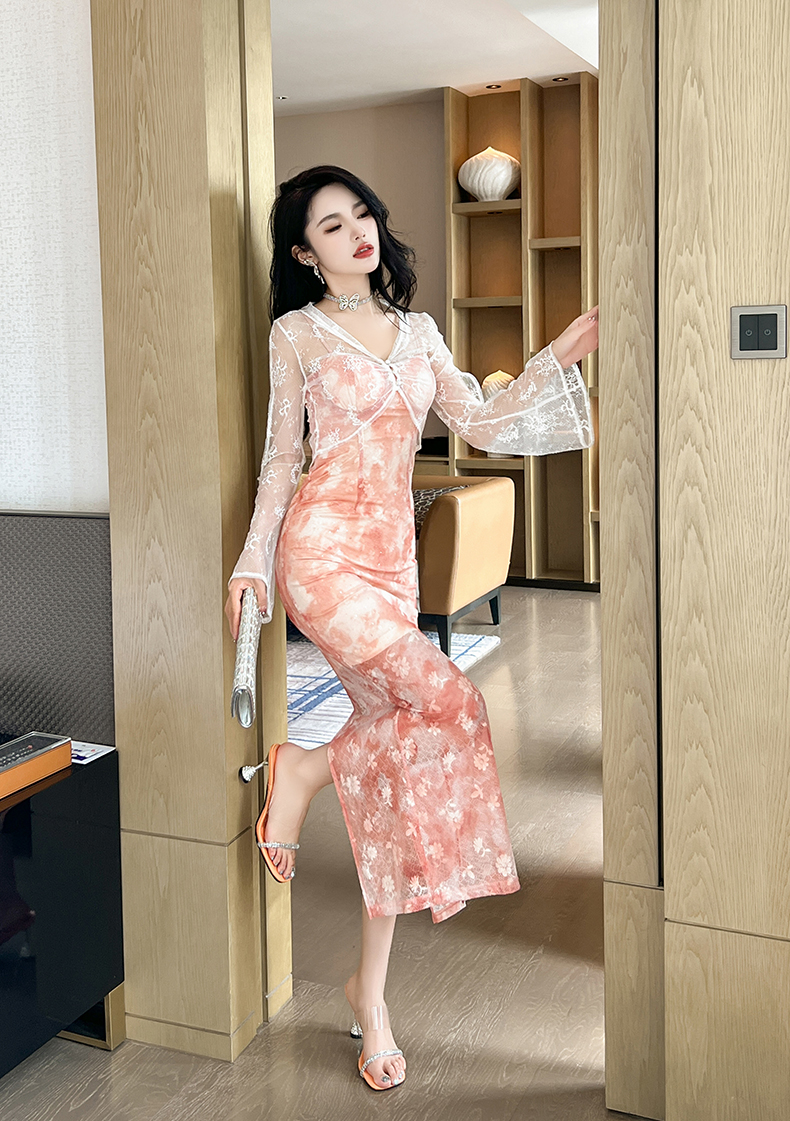 オケージョン ドレス 花柄レース重ね キャミソールタイトドレス