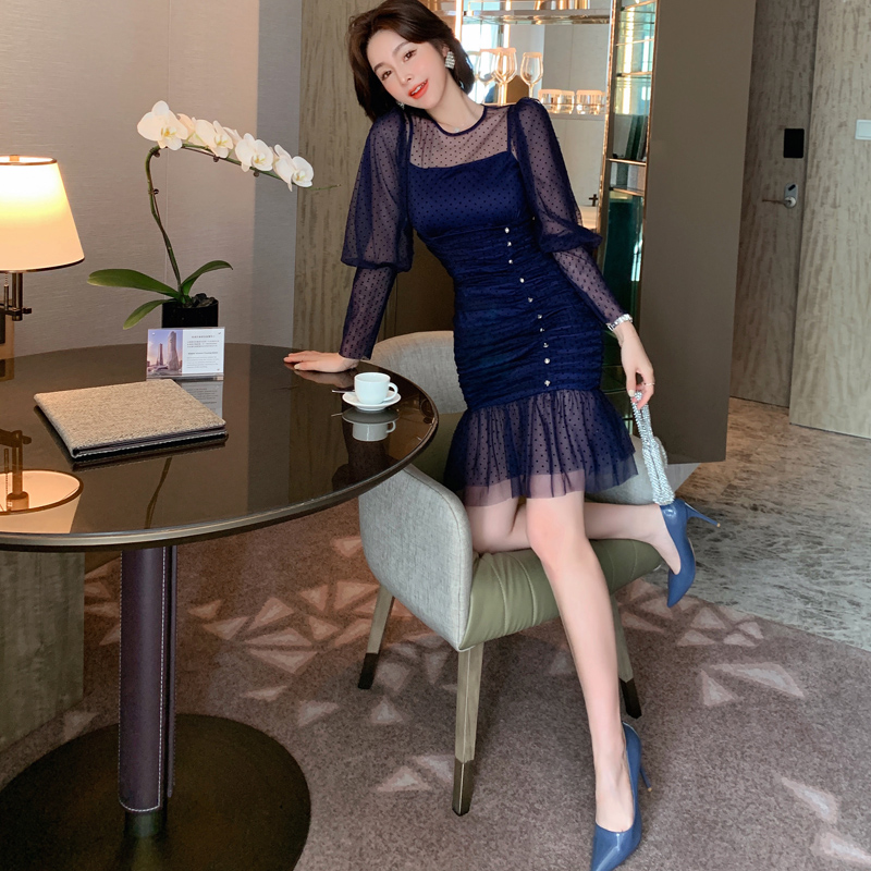 オケージョン ドレス ドット柄チュール袖マーメイドラインドレス