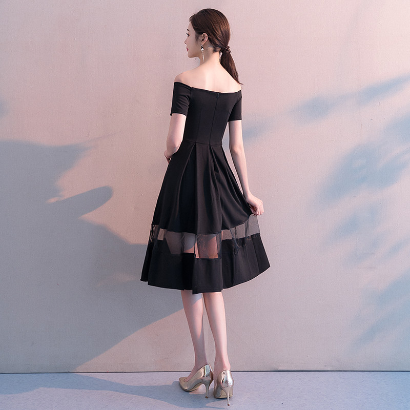 オケージョン ドレス 透け感チュール切替オフショルダー膝丈ドレス