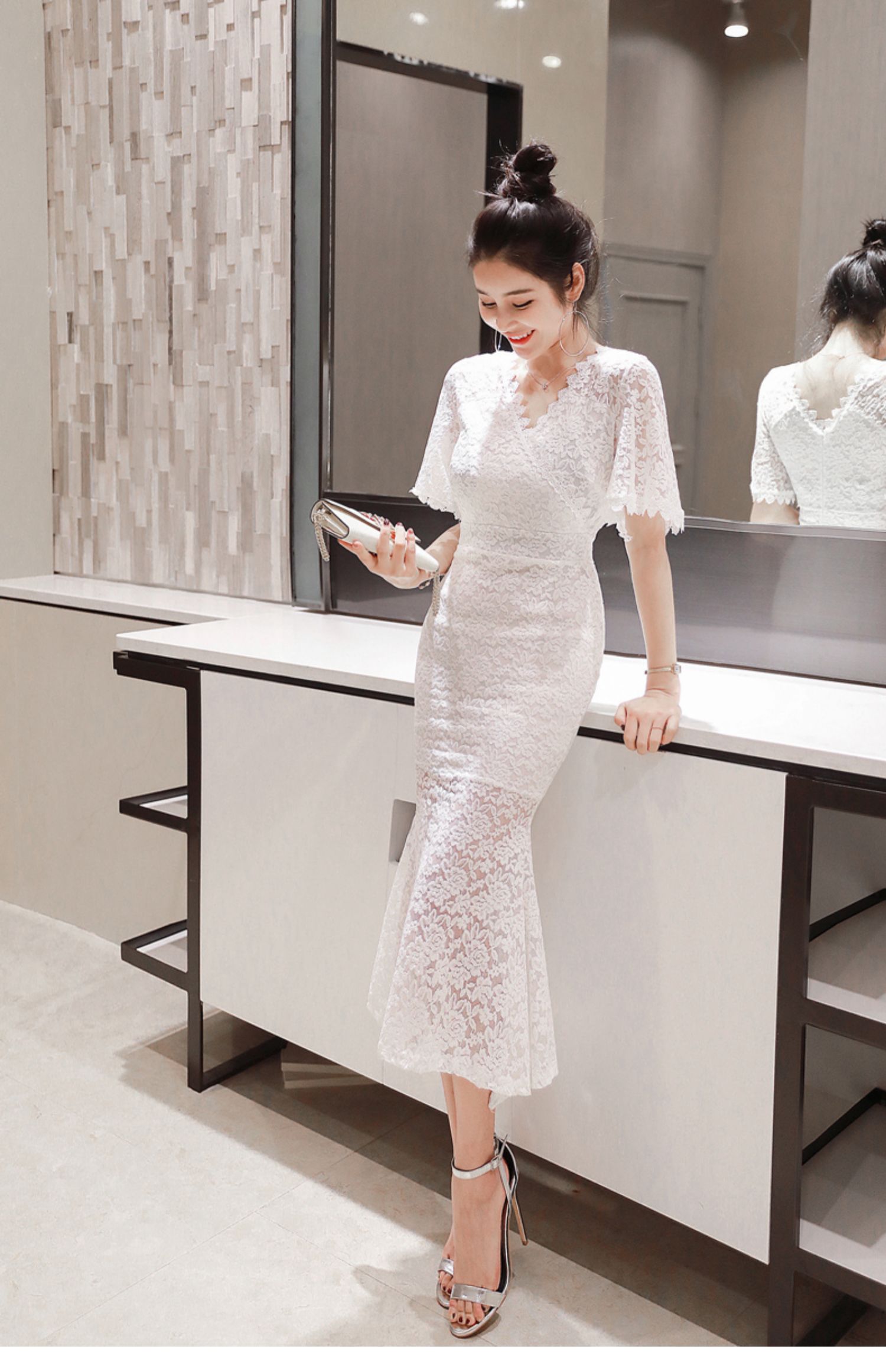 オケージョン ドレス 花柄総レース袖付きマーメイドロングドレス