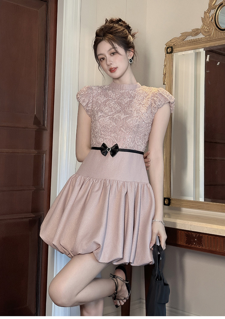 オケージョン ドレス フラワーレース切替バルーンスカートワンピース