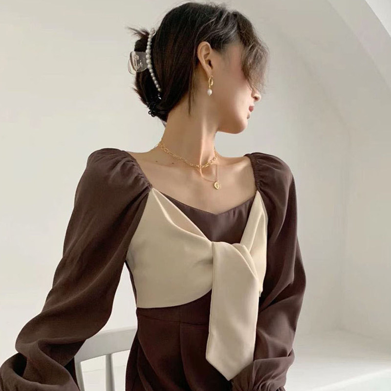 オケージョン ドレス 配色リボンタイ付きパフスリーブワンピース