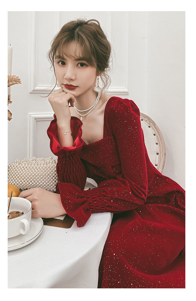 オケージョン ドレス スクエアネック袖フリルラメ入りロング丈ワンピース