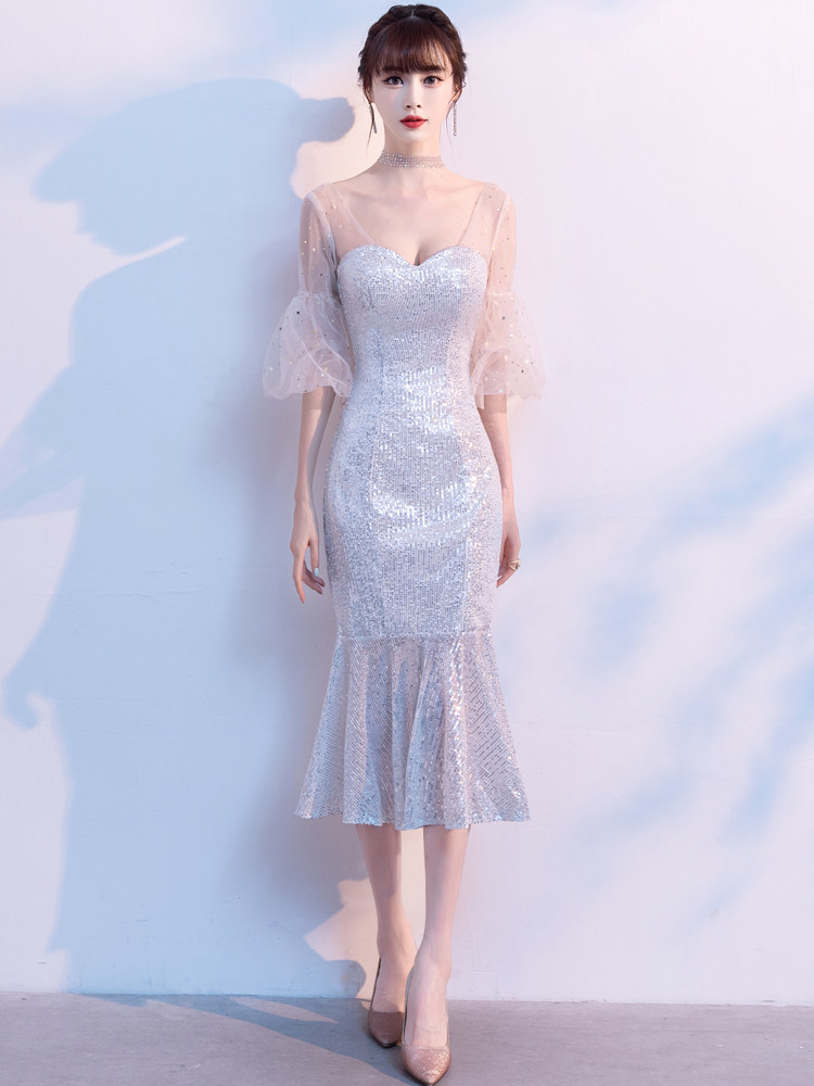 オケージョン ドレス シアーチュール袖付きスパンコールマーメイドドレス