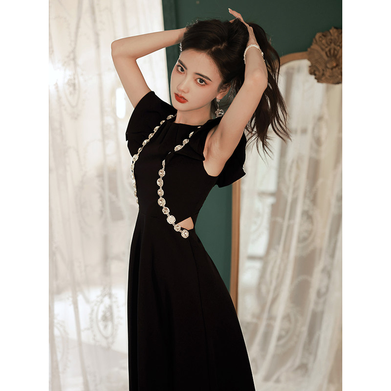 オケージョン ドレス ビジュー装飾フリル袖ロング丈上品ワンピース