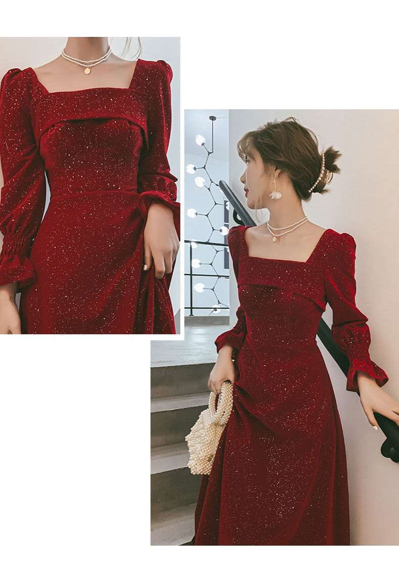 オケージョン ドレス スクエアネック袖フリルラメ入りロング丈ワンピース