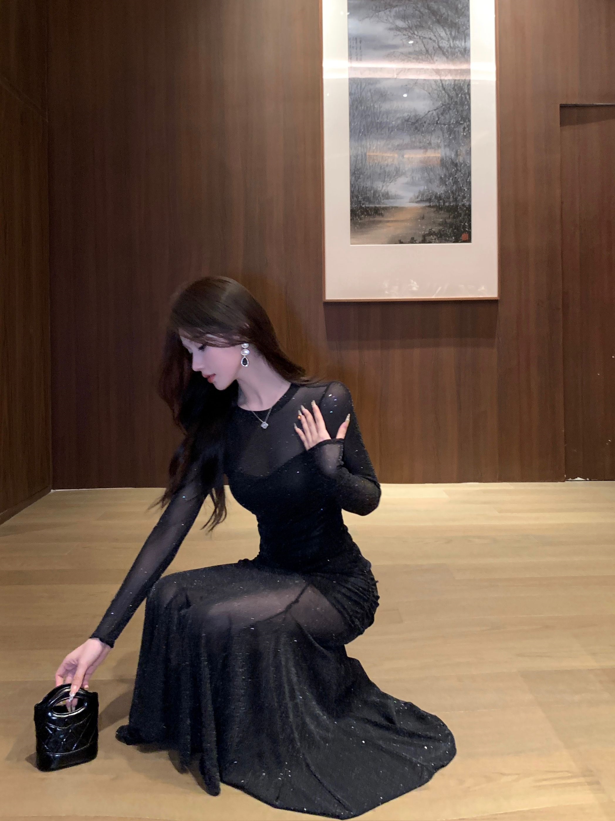 オケージョン ドレス 煌めきラメシアー長袖マーメイドタイトドレス