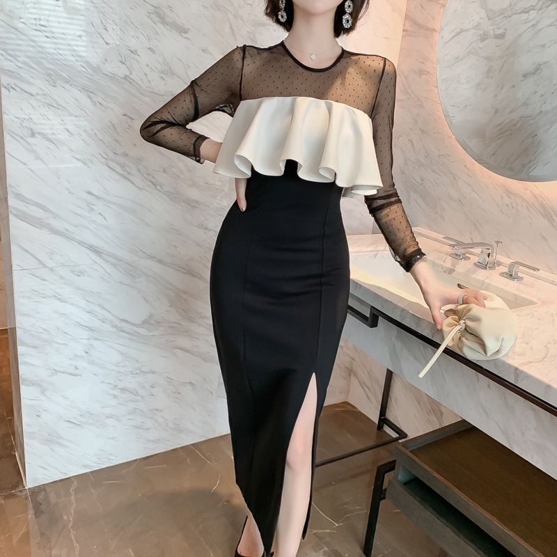 オケージョン ドレス ドット柄シアー袖フリル切替タイトワンピース