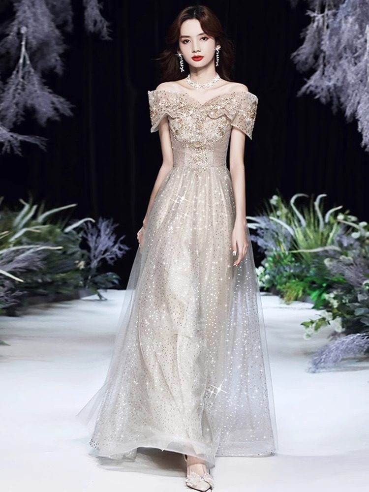 オケージョン ドレス 煌めくビジュー刺繍オフショル袖チュールロングドレス