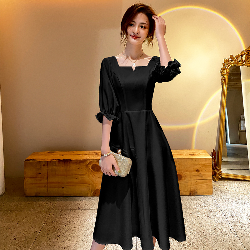 オケージョン ドレス パフスリーブスクエアネック上品ミモレ丈ワンピース