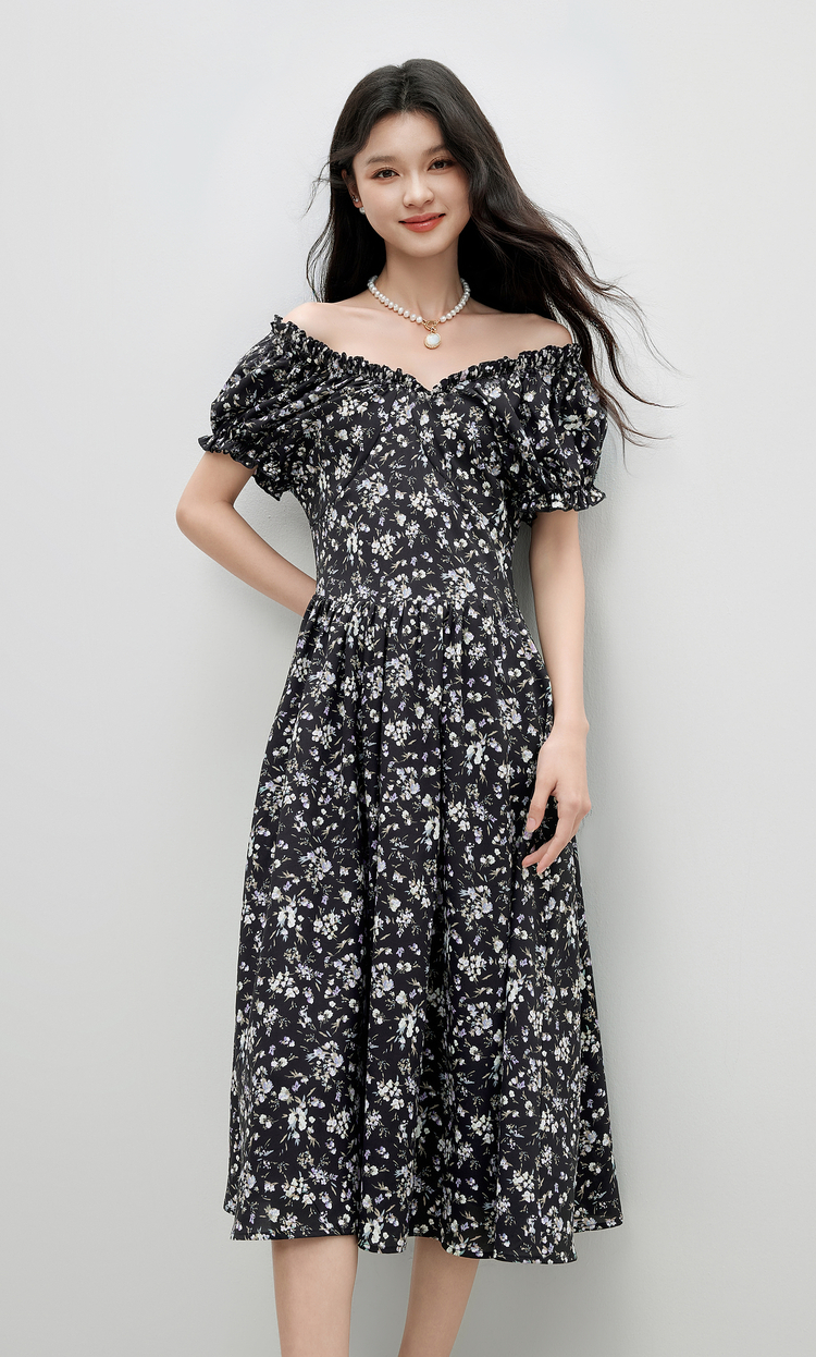オケージョン ドレス 優美な花柄 ブラウス袖 ミディ丈ワンピース