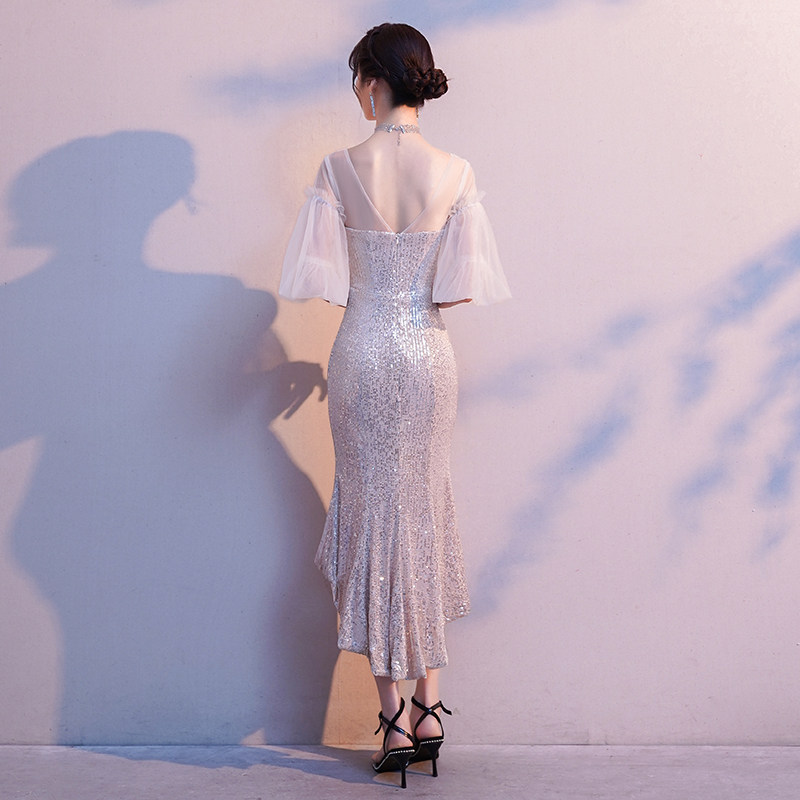 オケージョン ドレス 煌めきスパンコール袖チュール裾非対称マーメイドドレス