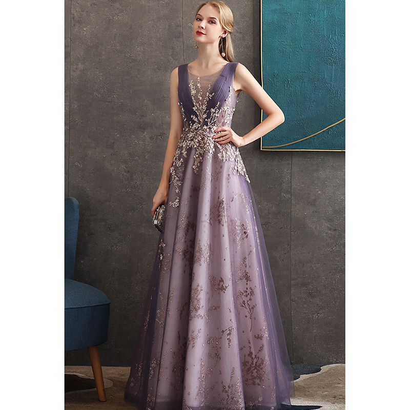 オケージョン ドレス 煌めく花刺繍チュール袖なしロング丈ドレス