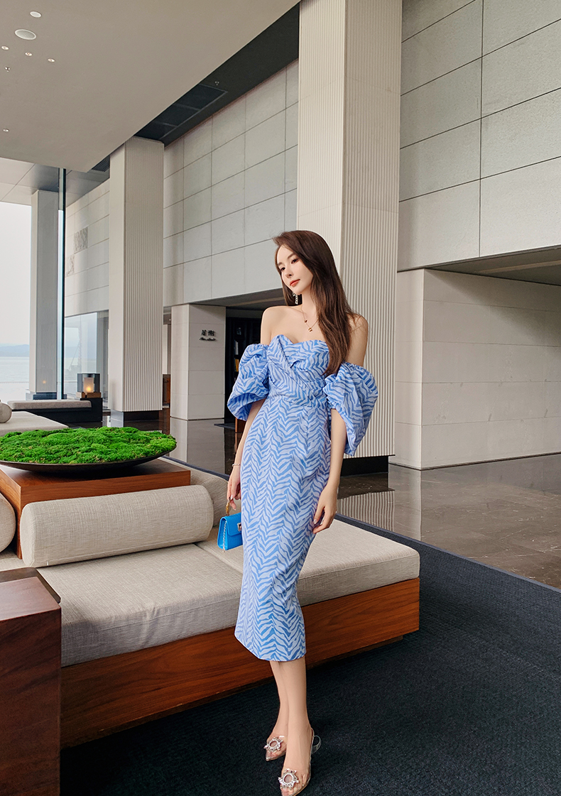 オケージョン ドレス 幾何学柄パフスリーブオフショルダーミディ丈ドレス