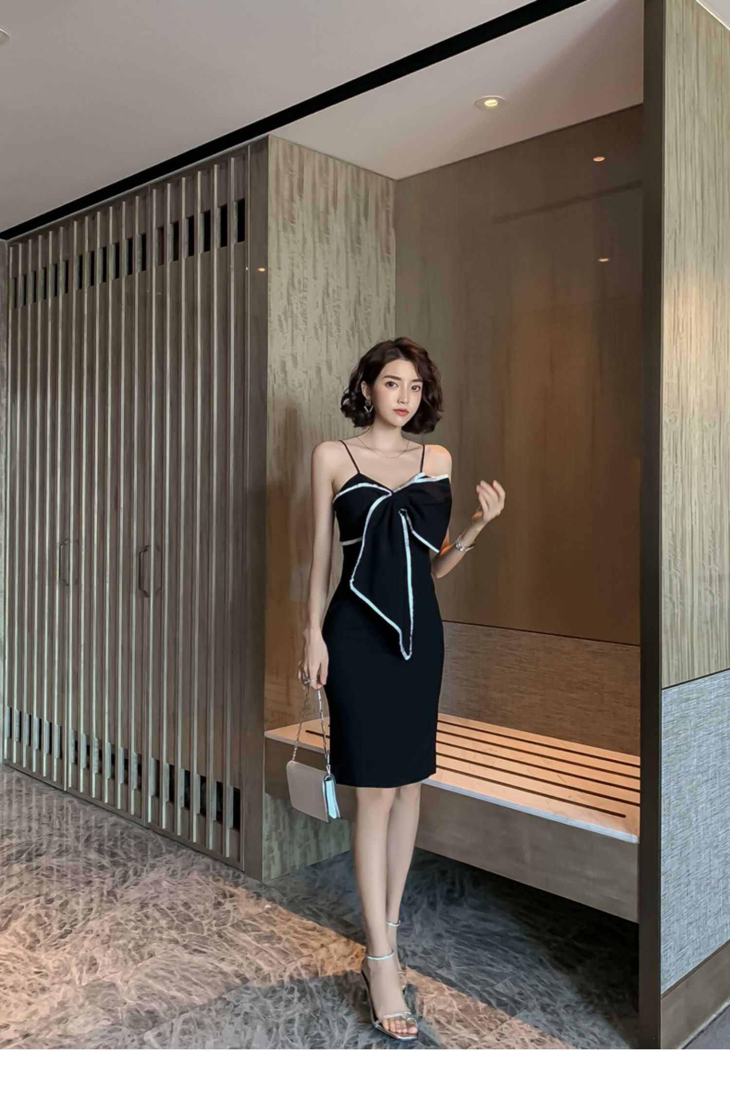 オケージョン ドレス 配色パイピング大判リボンキャミソールタイトドレス