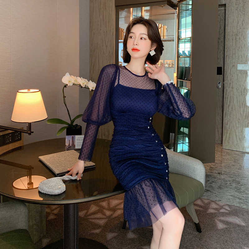 オケージョン ドレス ドット柄チュール袖マーメイドラインドレス