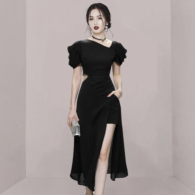 オケージョン ドレス パフスリーブアシンメトリーサイドスリット入りワンピース