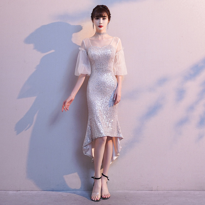 オケージョン ドレス 煌めきスパンコール袖チュール裾非対称マーメイドドレス