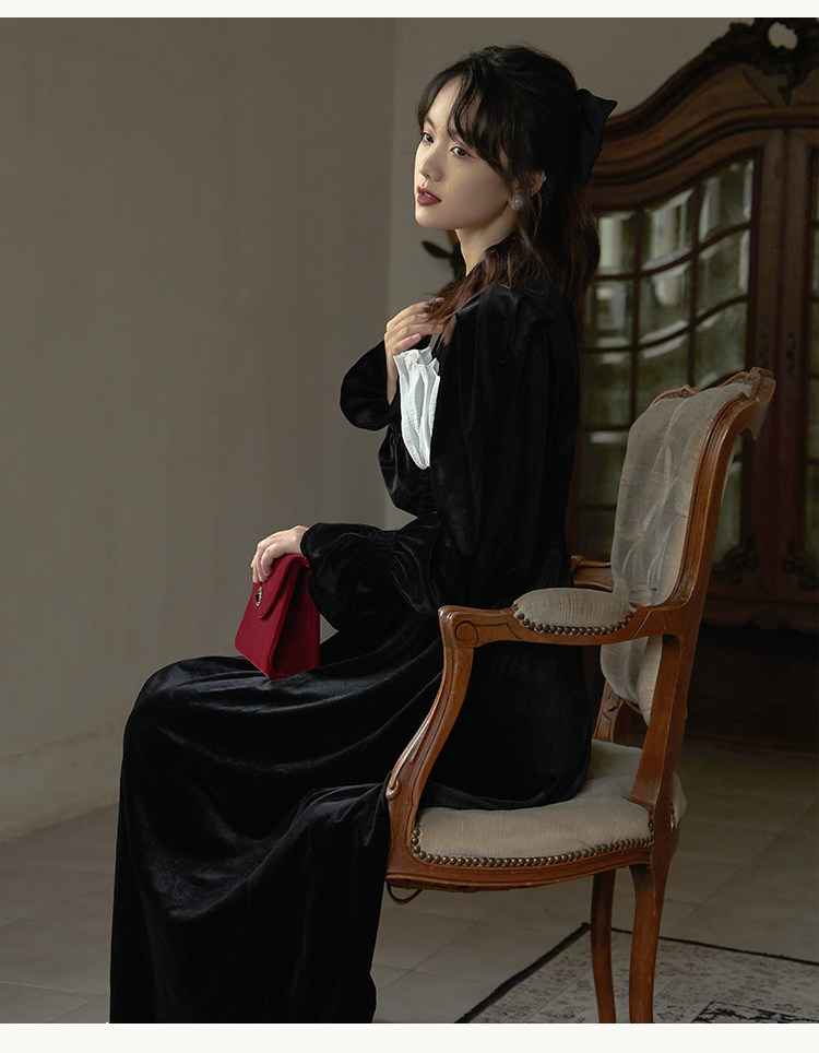 オケージョン ドレス 胸元切替フリル袖ベロアロングドレス