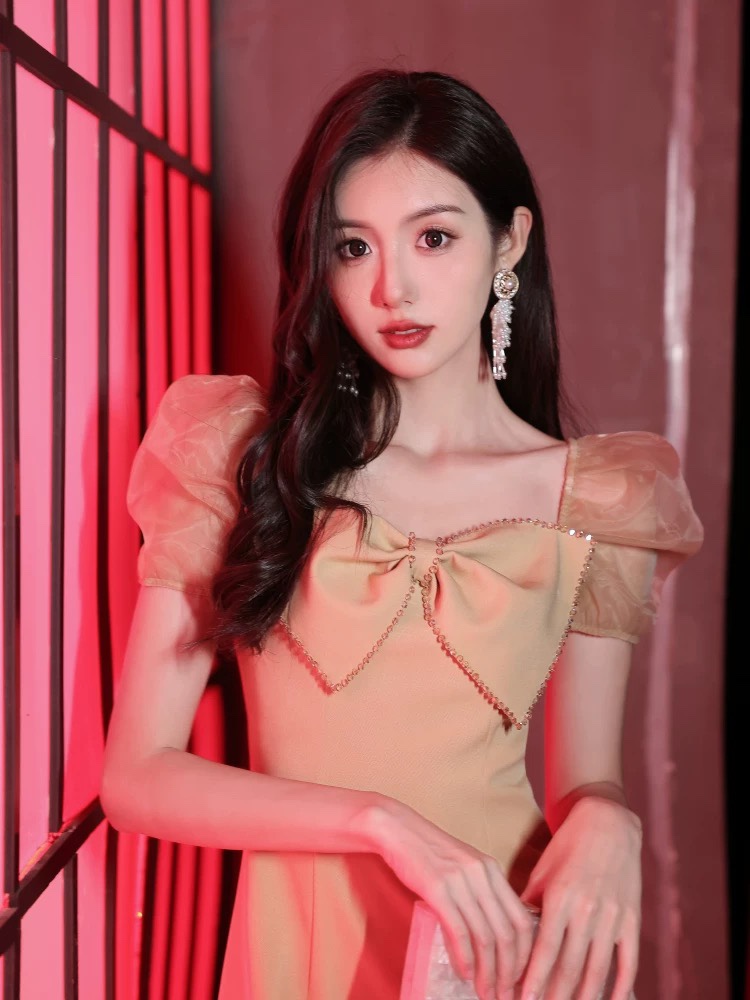 オケージョン ドレス オーガンジー袖リボン装飾タイトミニドレス