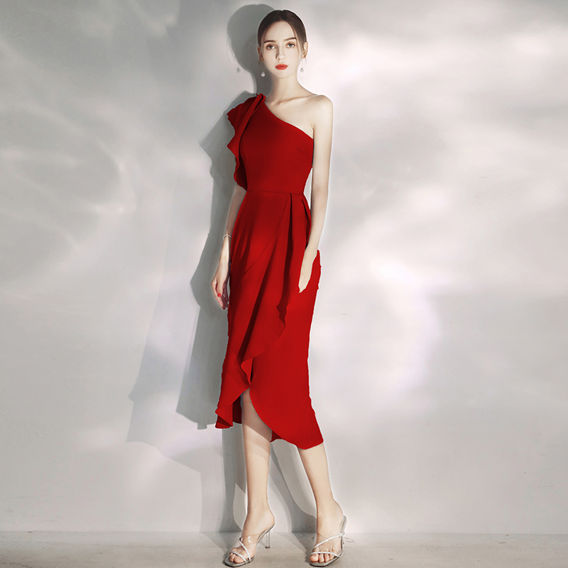 オケージョン ドレス ワンショルダーフリル袖ミディ丈オケージョンドレス