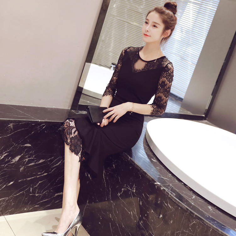 オケージョン ドレス 総レース袖エレガント裾広がりマーメイドドレス