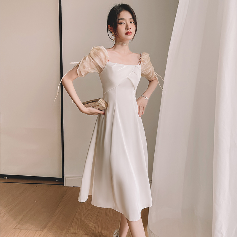 オケージョン ドレス シアーパフスリーブスクエアネックワンピース