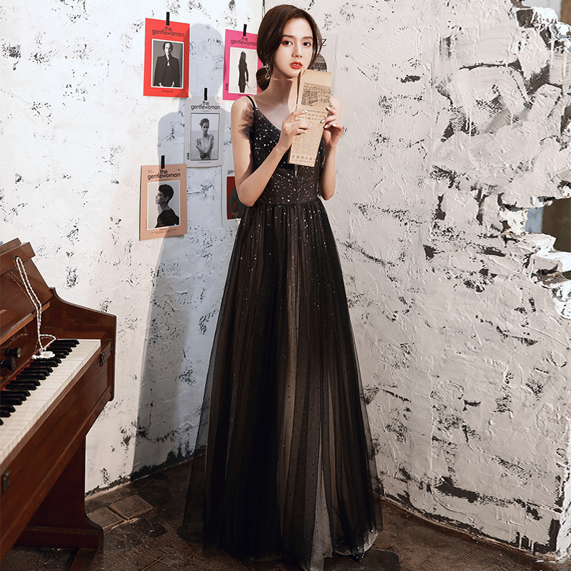 オケージョン ドレス 星空刺繍チュール深胸ロング丈オケージョンドレス