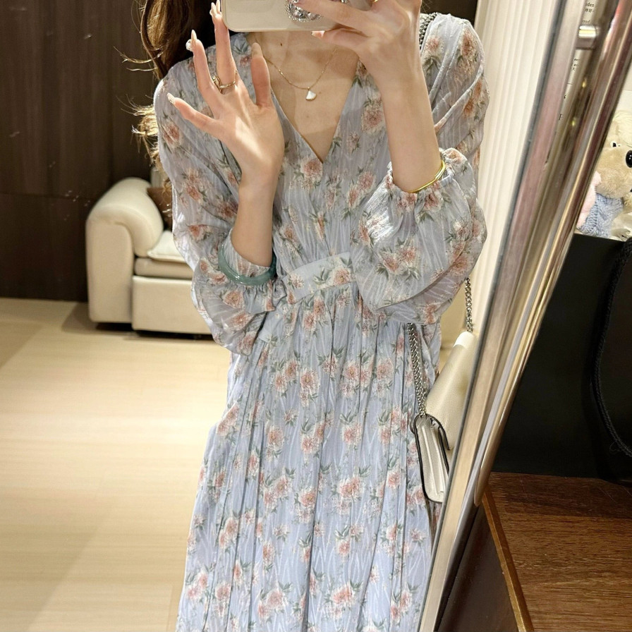 オケージョン ドレス 花柄シフォン ゆったりロングワンピース Vネック パフスリーブ