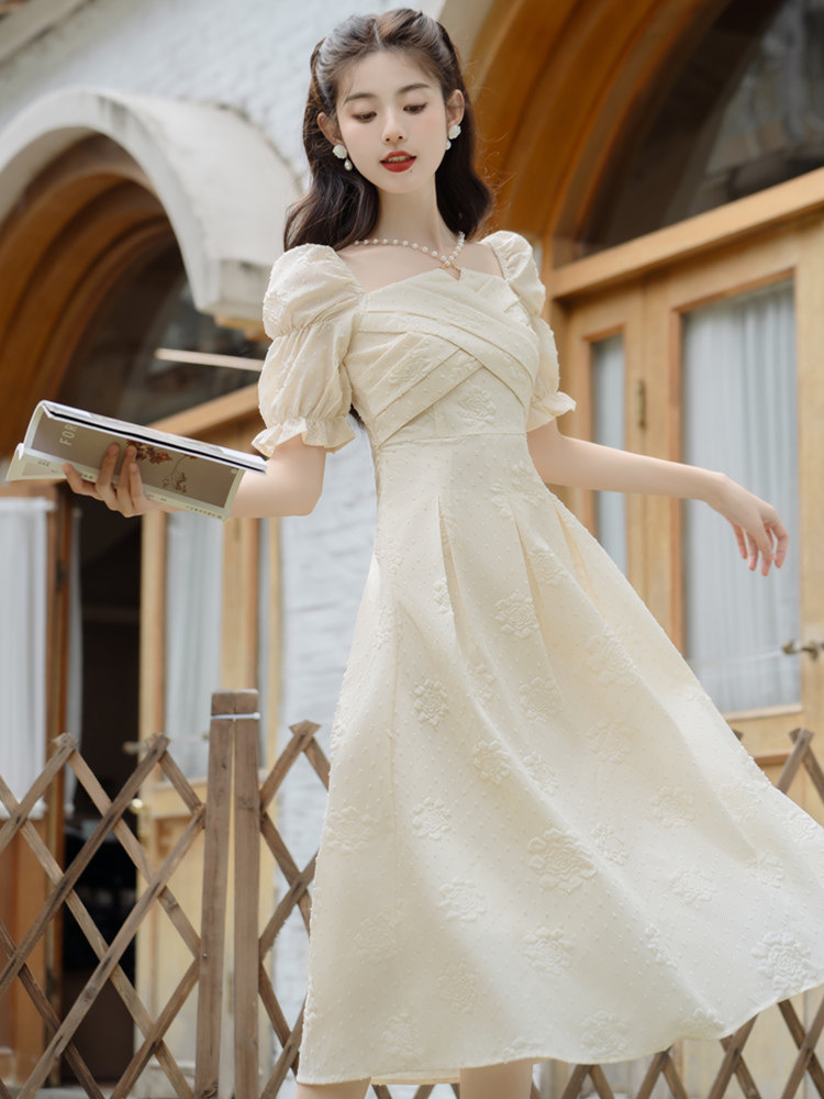 オケージョン ドレス オフショルダーパフスリーブ刺繍ジャガードワンピース