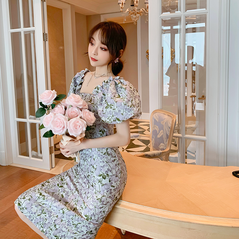 オケージョン ドレス 花柄刺繍パフスリーブオフショルダードレス