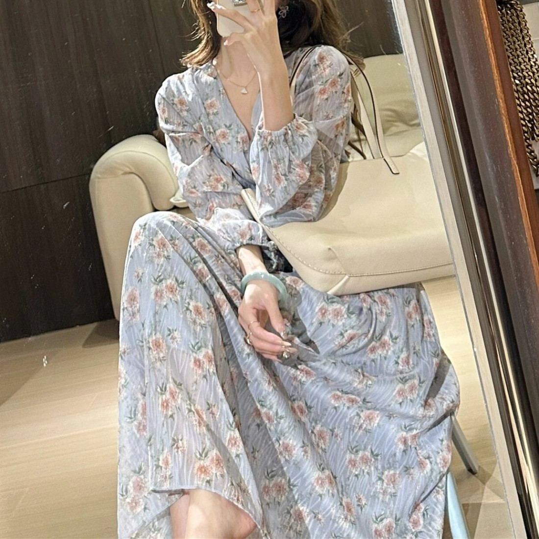 オケージョン ドレス 花柄シフォン ゆったりロングワンピース Vネック パフスリーブ