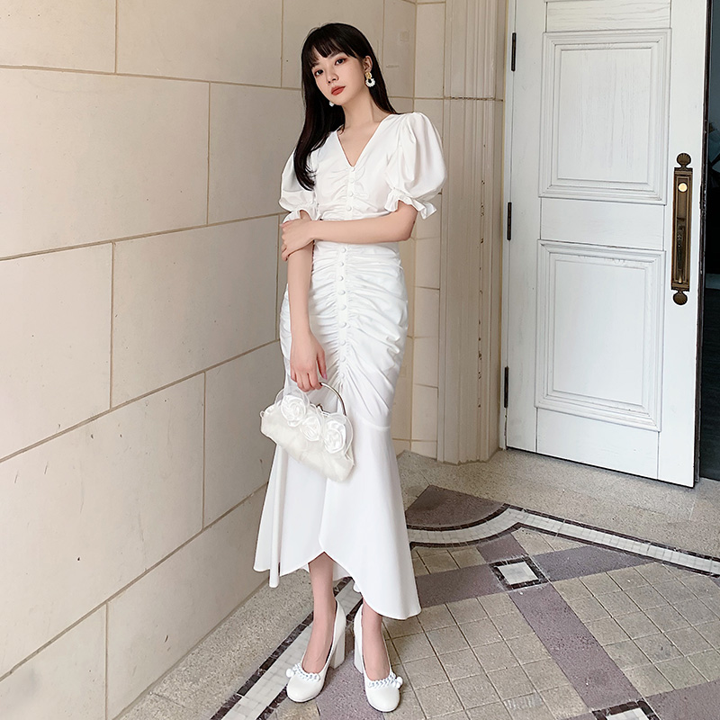 オケージョン ドレス パフスリーブギャザーマーメイドドレス