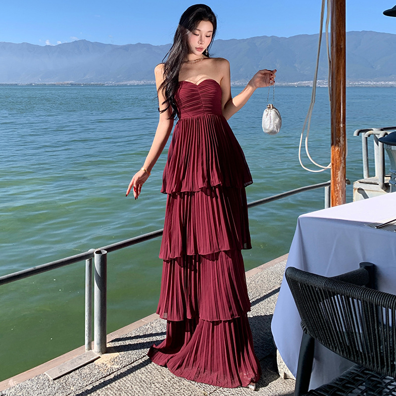 オケージョンワンピース 優美なティアードプリーツドレス