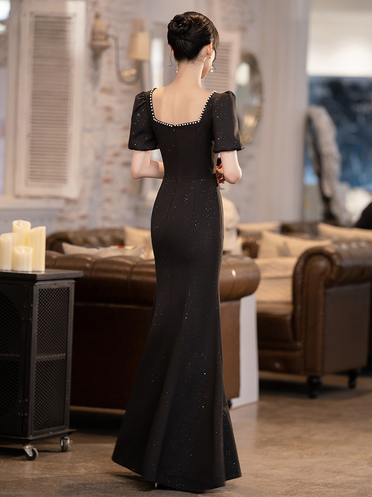 オケージョン ドレス パールネックライン付きパフスリーブマーメイドワンピース