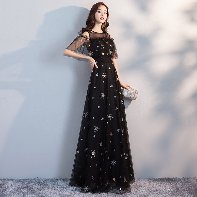 オケージョン ドレス 星刺繍チュール袖付きロング丈ワンピース