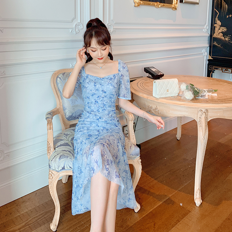 オケージョン ドレス 花柄刺繍シアーチュールパフスリーブマーメイドドレス