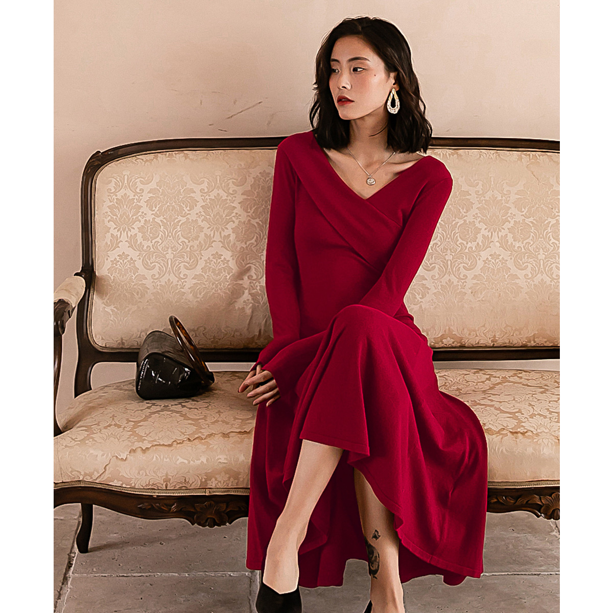 オケージョン ドレス エレガント長袖ラップデザイン裾フレア丈ドレス