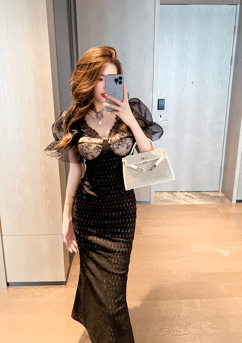 オケージョン　ドレス 優美なレース切替パフスリーブマーメイド