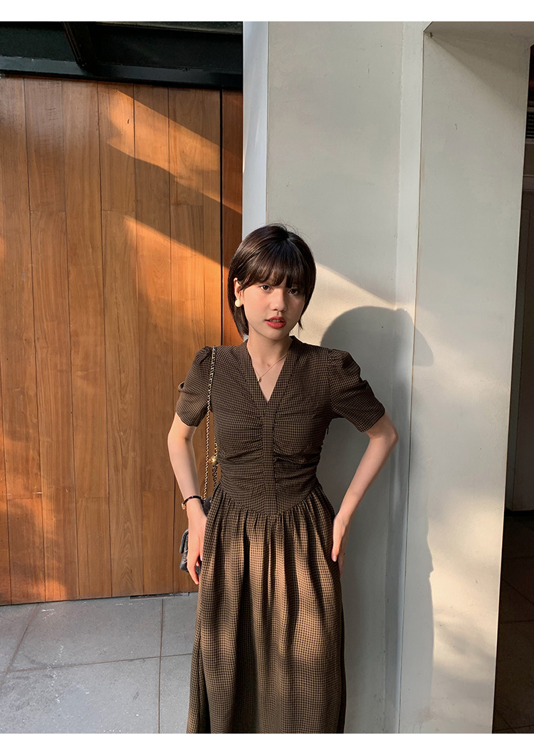 オケージョン ドレス 千鳥格子パフスリーブウエストシャーリングワンピース