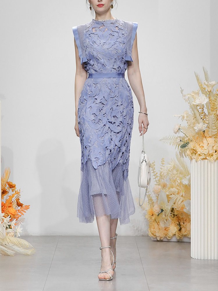 オケージョン ドレス 立体刺繍チュール切替袖フリルミディ丈ドレス