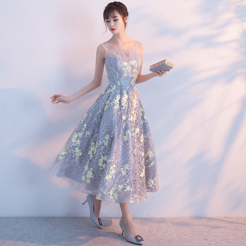 オケージョン ドレス 花柄刺繍チュールノースリーブミディ丈ワンピース