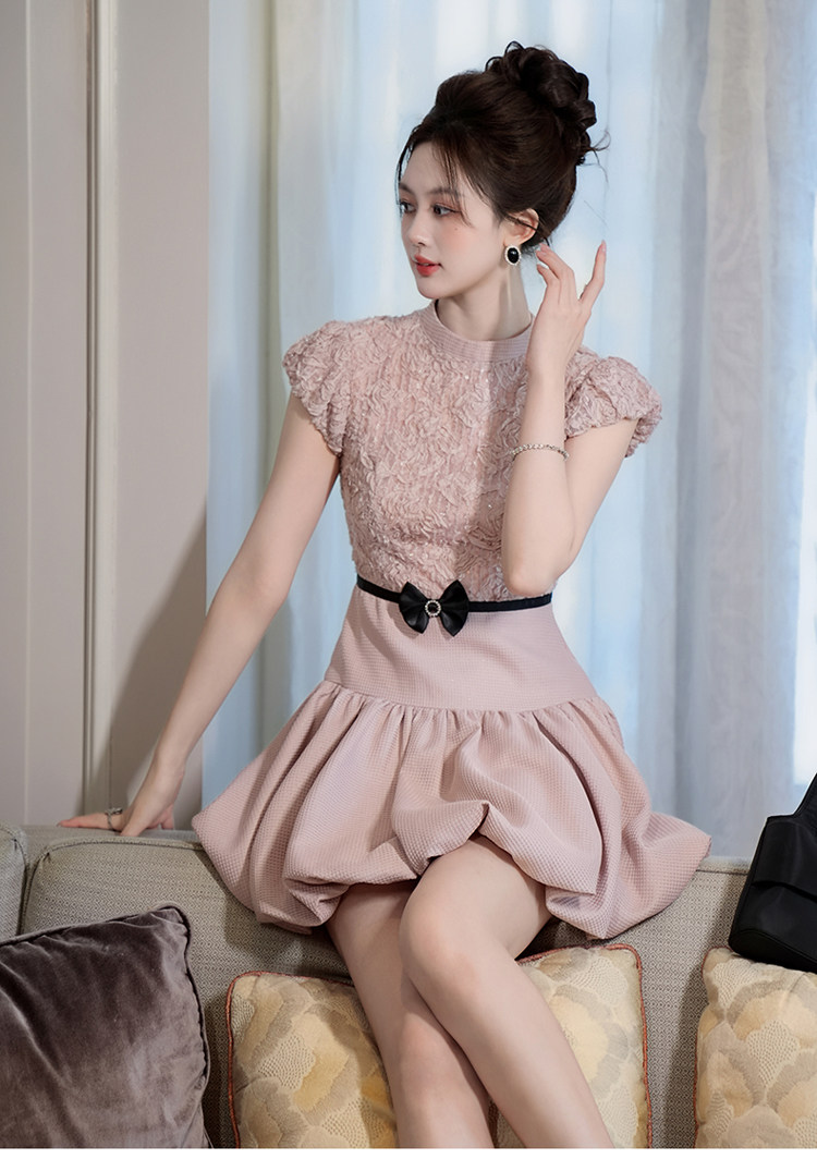 オケージョン ドレス フラワーレース切替バルーンスカートワンピース