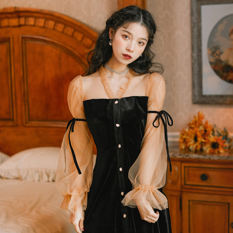 オケージョン ドレス シアーパフスリーブベルベット調ロングワンピース