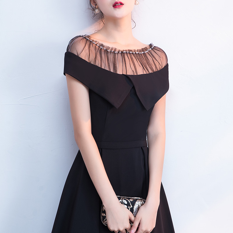 オケージョン ドレス チュールネック大人リボン襟フレアワンピース