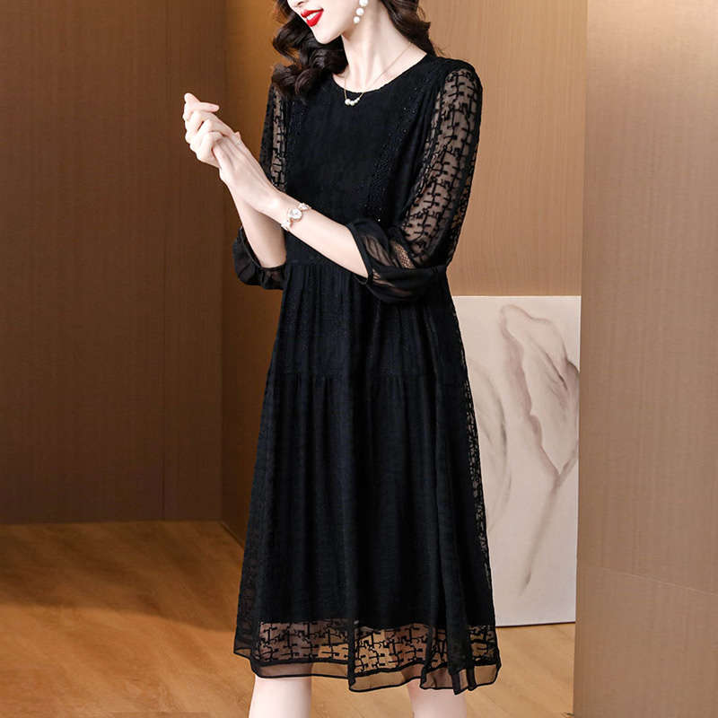 オケージョン ドレス シアーレース袖切替エレガントミディ丈ワンピース