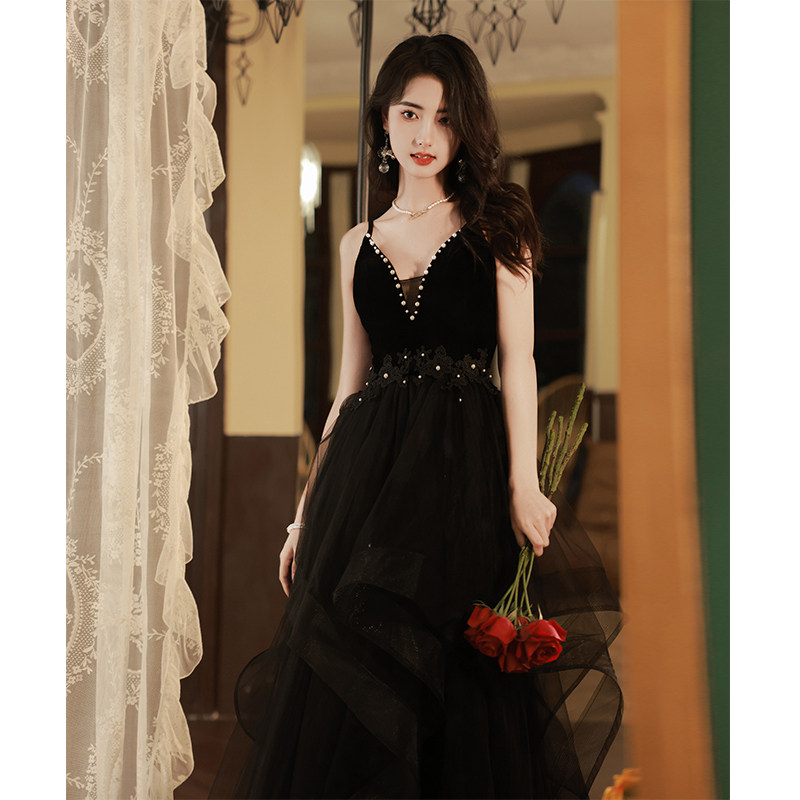 オケージョン ドレス パール装飾ベルベット切替ボリュームチュールロングドレス